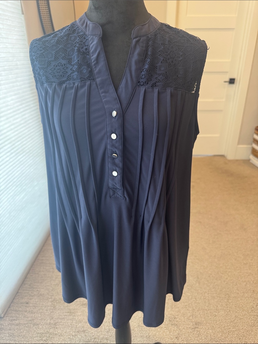 Sleeveless Navy Lace  Pleated Women’s Top